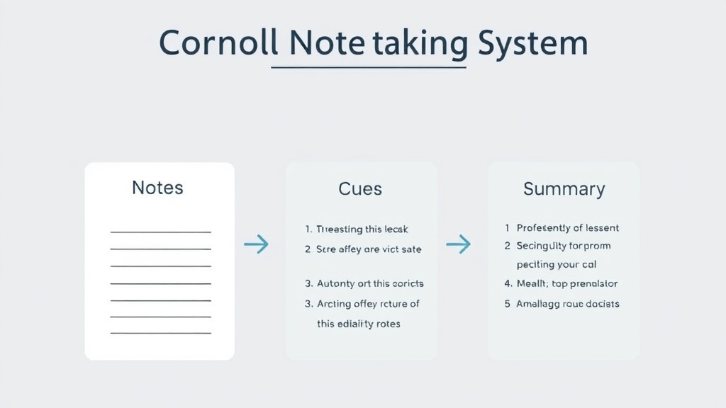 코넬식 노트 필기법의 전형적인 3분할 레이아웃과 각 영역의 역할을 설명하는 다이어그램