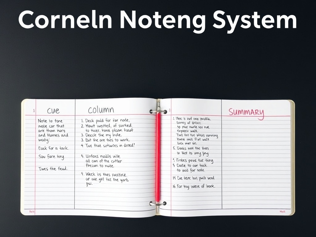 노트 페이지가 단서, 필기, 요약 영역으로 깔끔하게 나뉜 코넬식 노트의 기본 레이아웃 모습