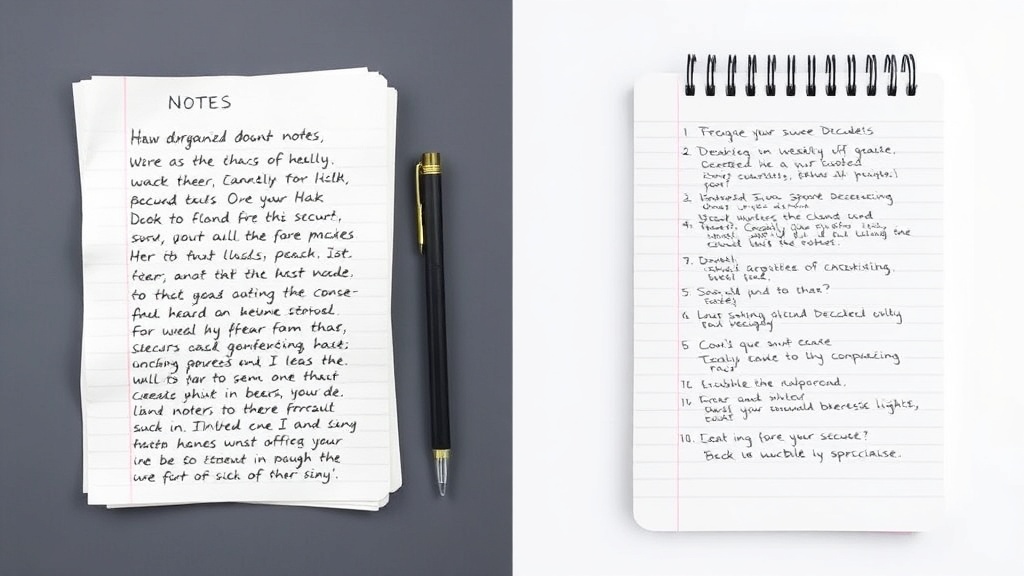 정리되지 않은 복잡한 메모와 체계적으로 구조화된 노트가 나란히 비교되어 정보 처리의 차이를 보여주는 모습