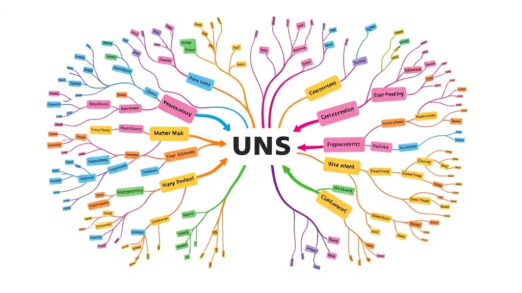 중심 주제에서 여러 갈래의 색상별 가지가 뻗어 나가는 시각적 마인드맵 구조도