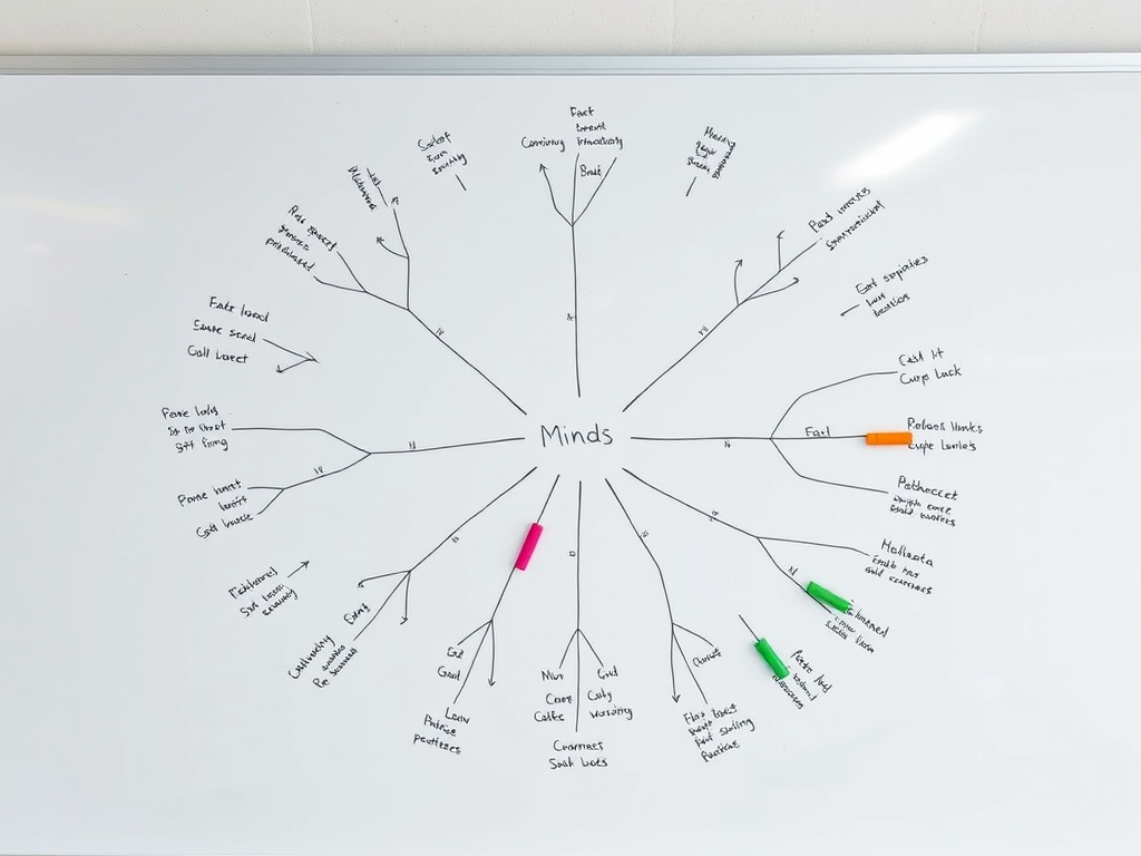 화이트보드에 다양한 색상의 마커로 그려진 복잡하고 체계적인 마인드맵 구조도