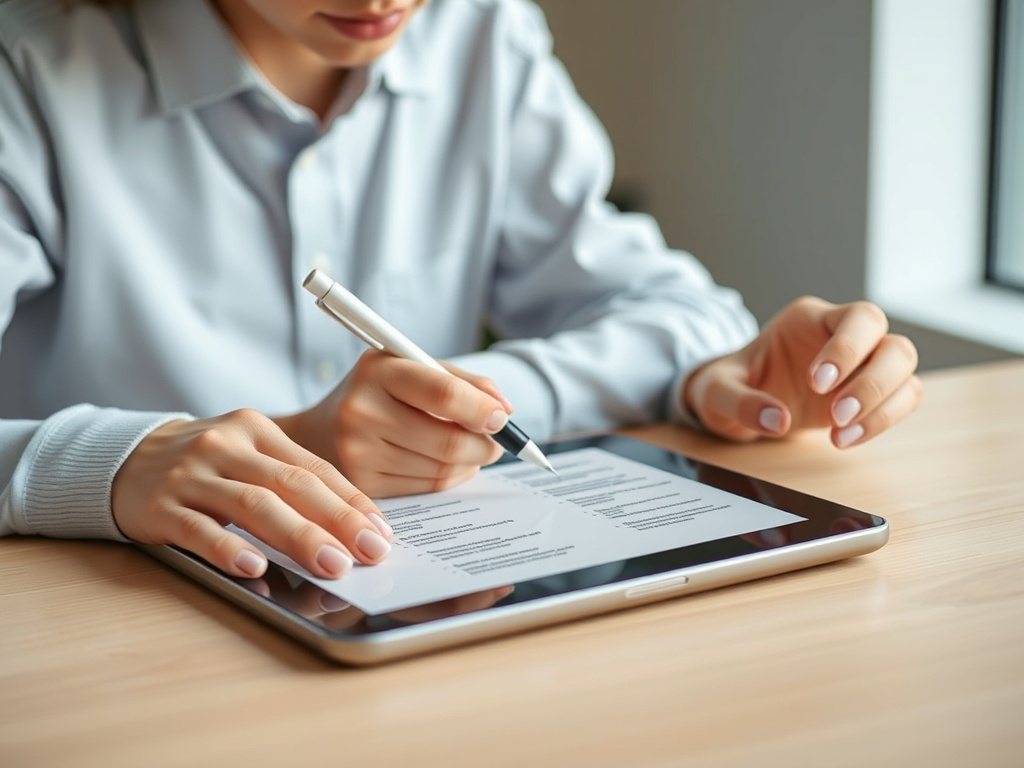 태블릿 PC에 디지털 펜으로 계층 구조의 목차형 노트를 깔끔하게 정리하고 있는 학습자의 모습