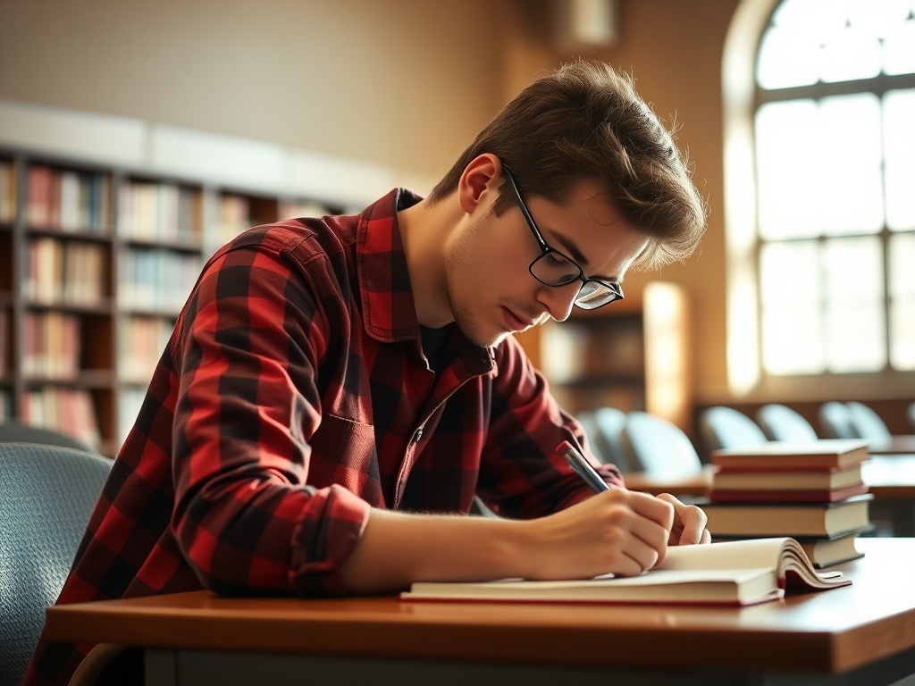 한 학생이 도서관 책상에 앉아 집중하며 노트에 체계적으로 필기하고 있는 모습